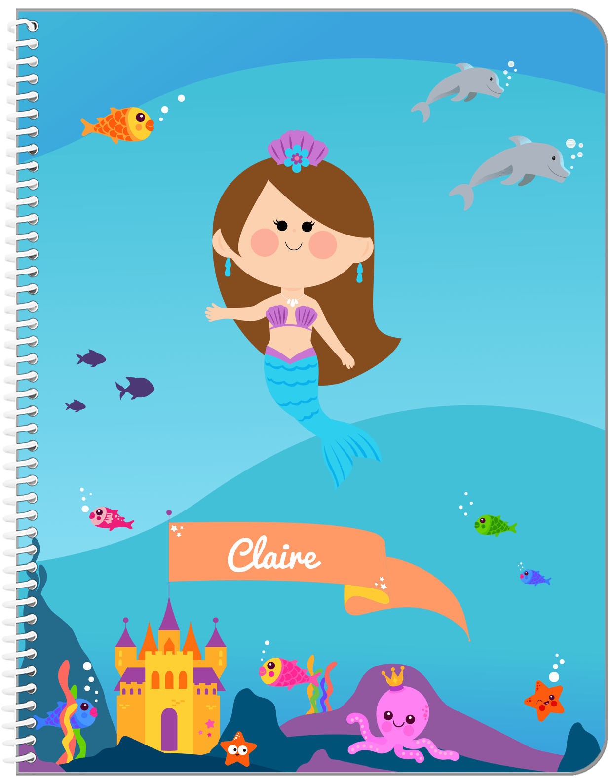 Personalized Mermaid Notebook X - Blue Background - Brunette Mermaid - Front View