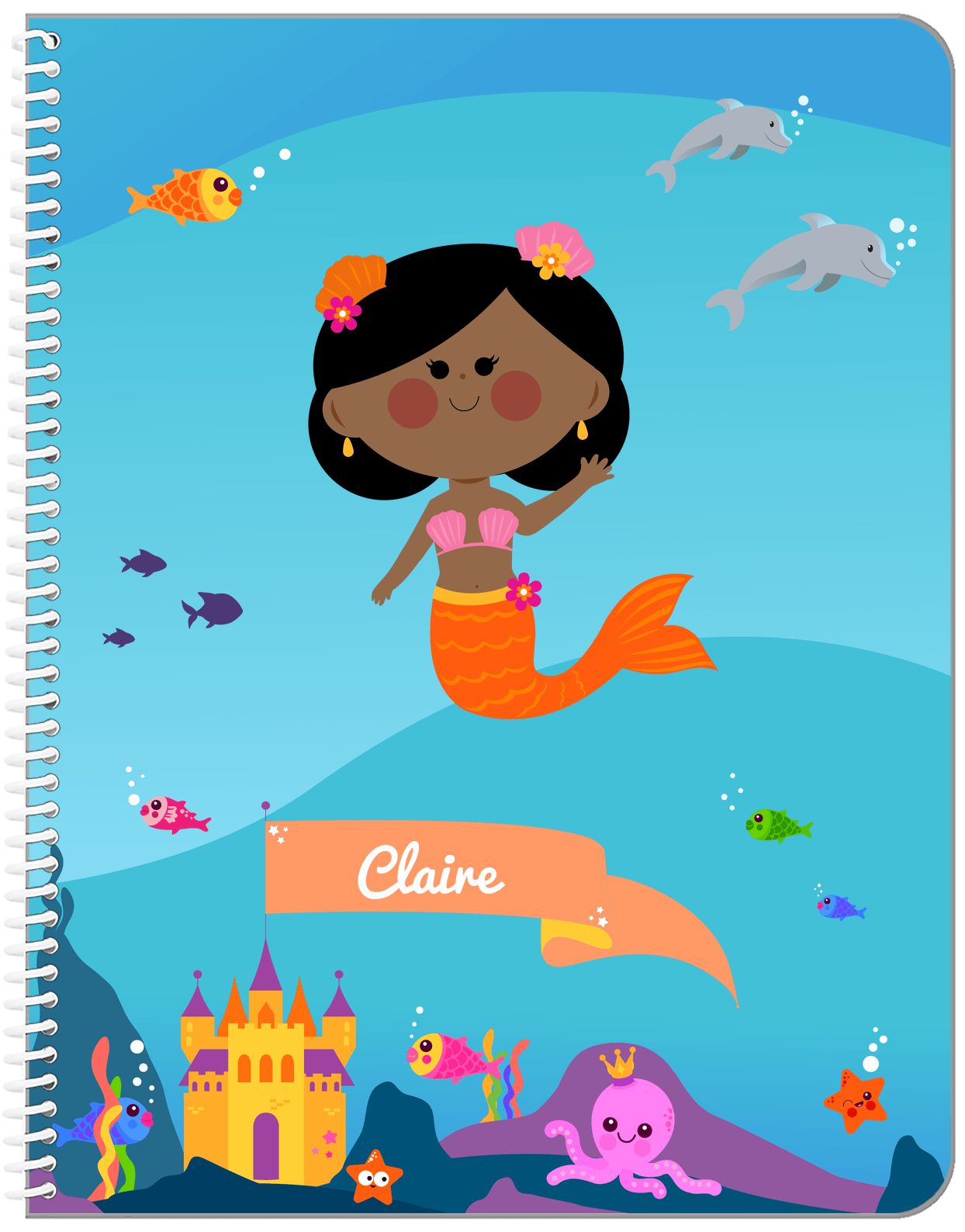 Personalized Mermaid Notebook X - Blue Background - Black Mermaid - Front View