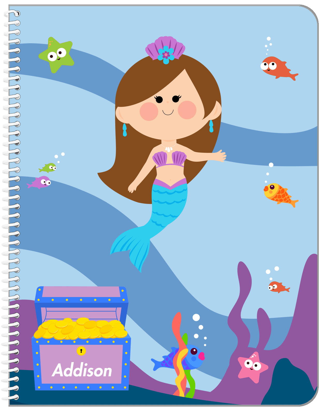 Personalized Mermaid Notebook I - Blue Background - Brunette Mermaid - Front View