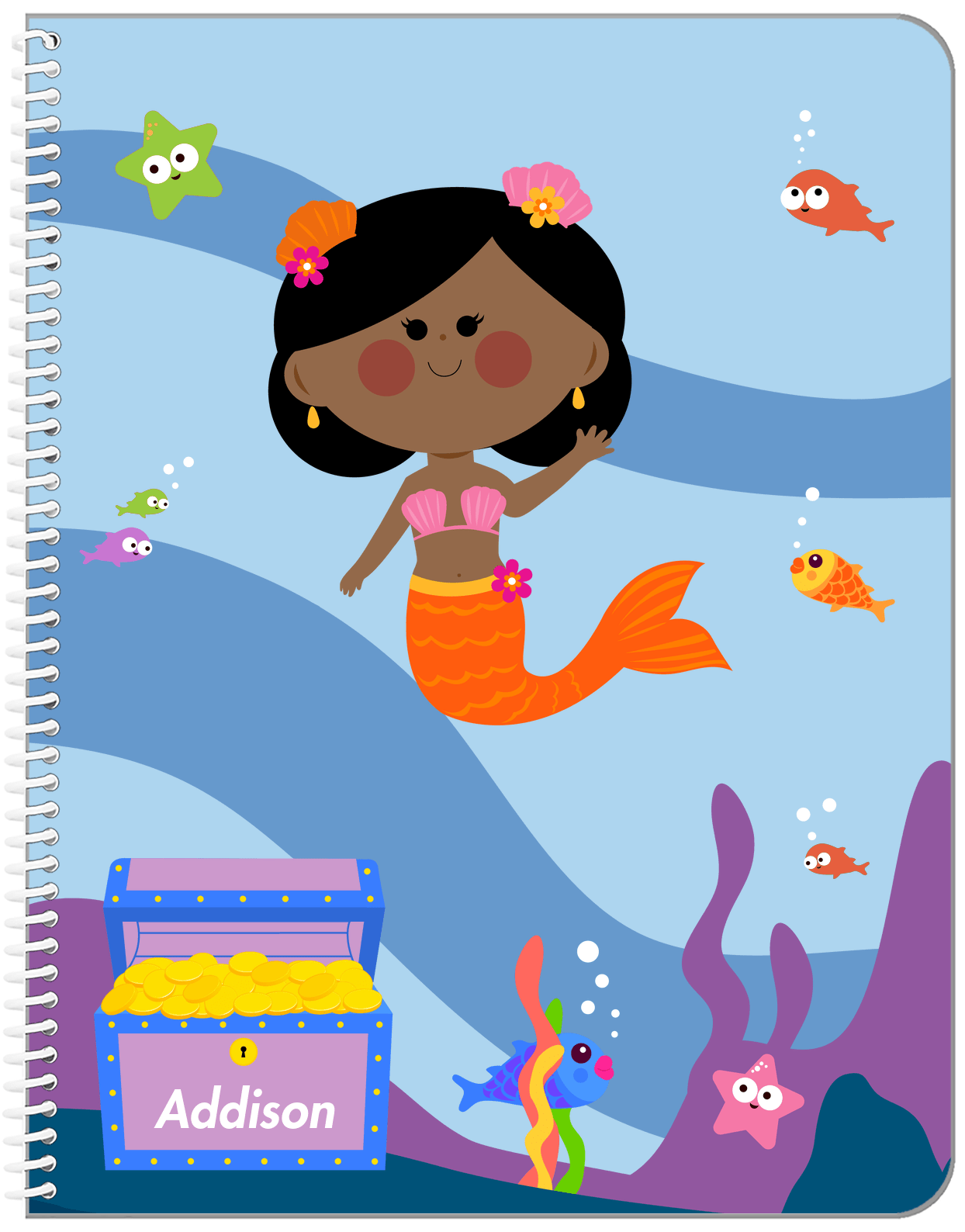 Personalized Mermaid Notebook I - Blue Background - Black Mermaid - Front View