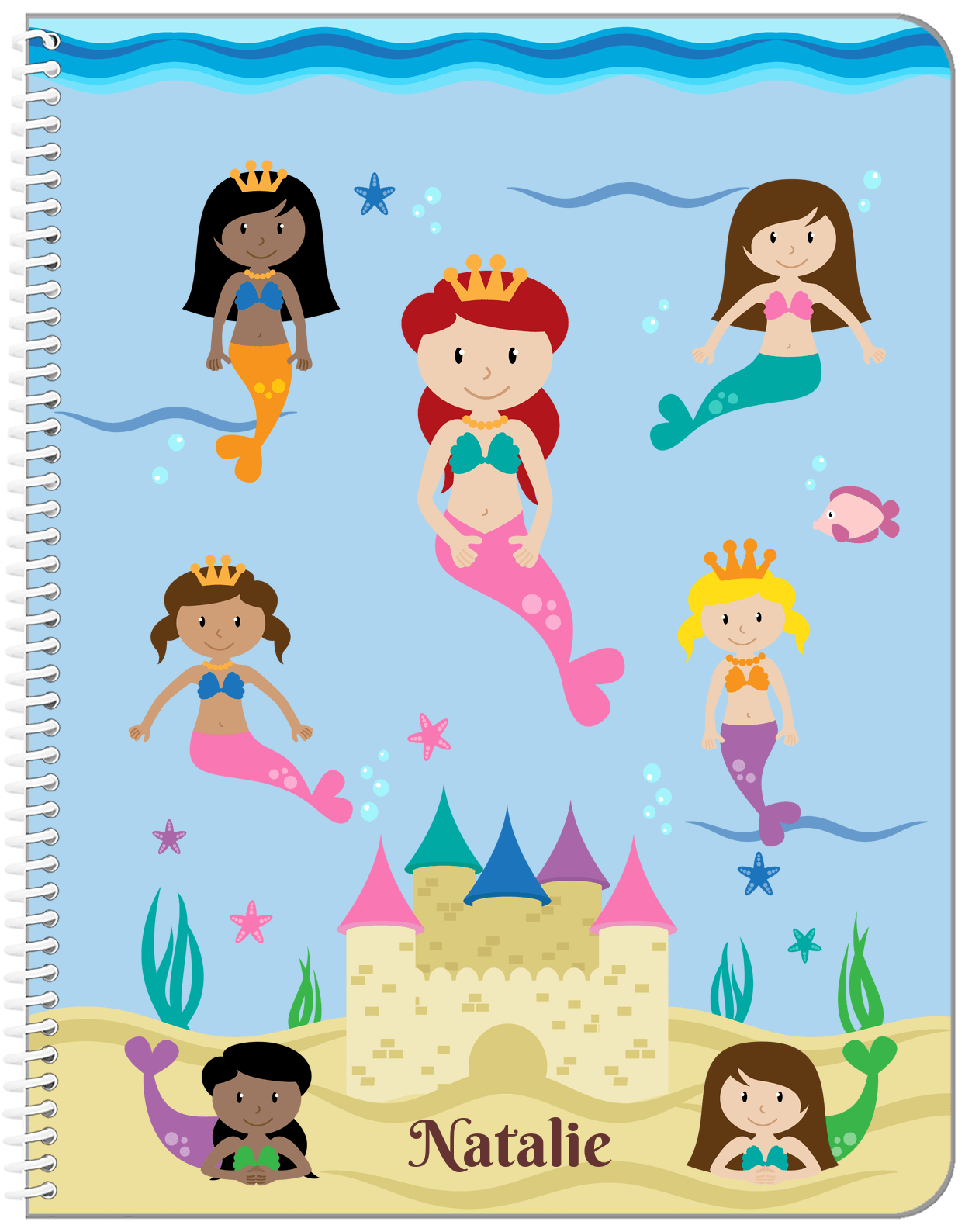 Personalized Mermaid Notebook II - Blue Background - Redhead Mermaid - Front View