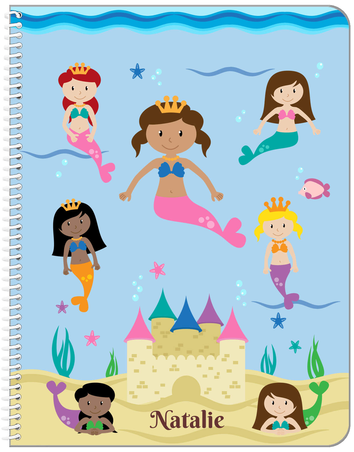 Personalized Mermaid Notebook II - Blue Background - Black Mermaid I - Front View