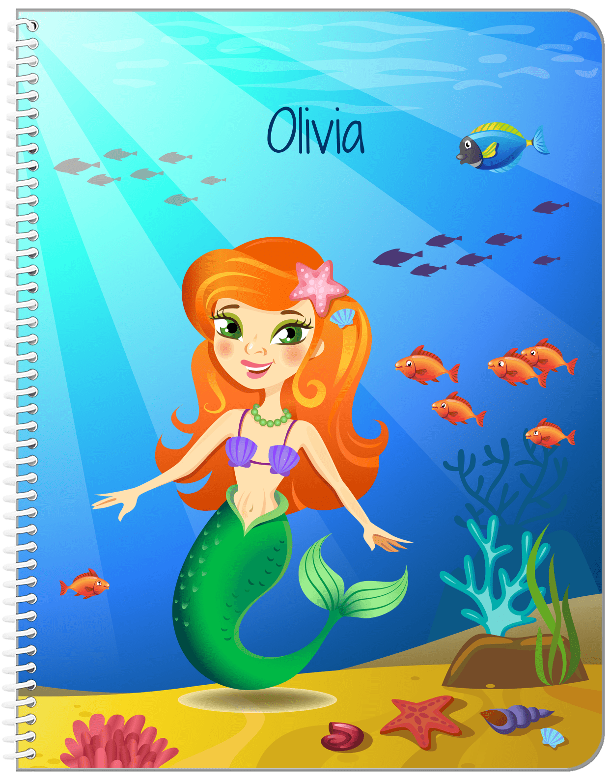 Personalized Mermaid Notebook III - Blue Background - Redhead Mermaid - Front View