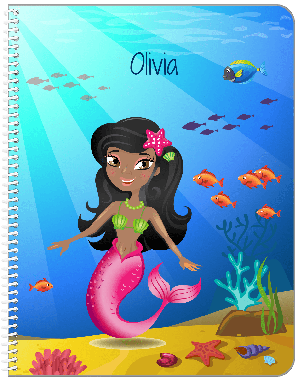 Personalized Mermaid Notebook III - Blue Background - Black Mermaid - Front View