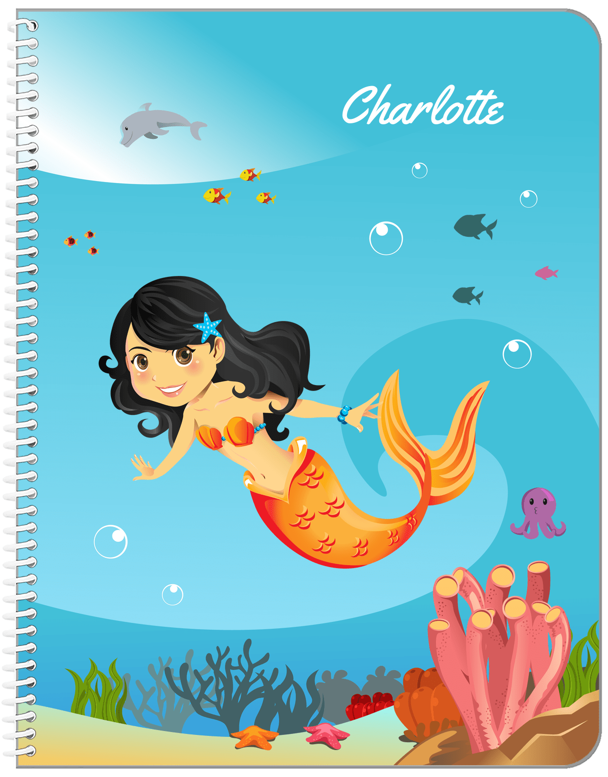 Personalized Mermaid Notebook IV - Blue Background - Black Hair Mermaid - Front View