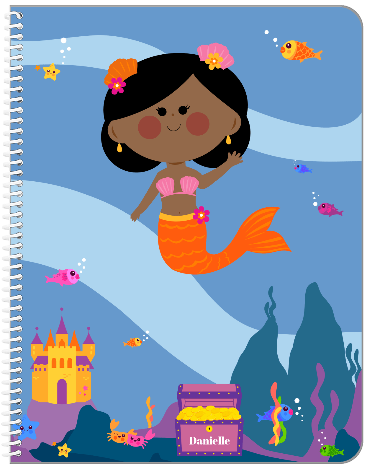 Personalized Mermaid Notebook V - Blue Background - Black Mermaid - Front View