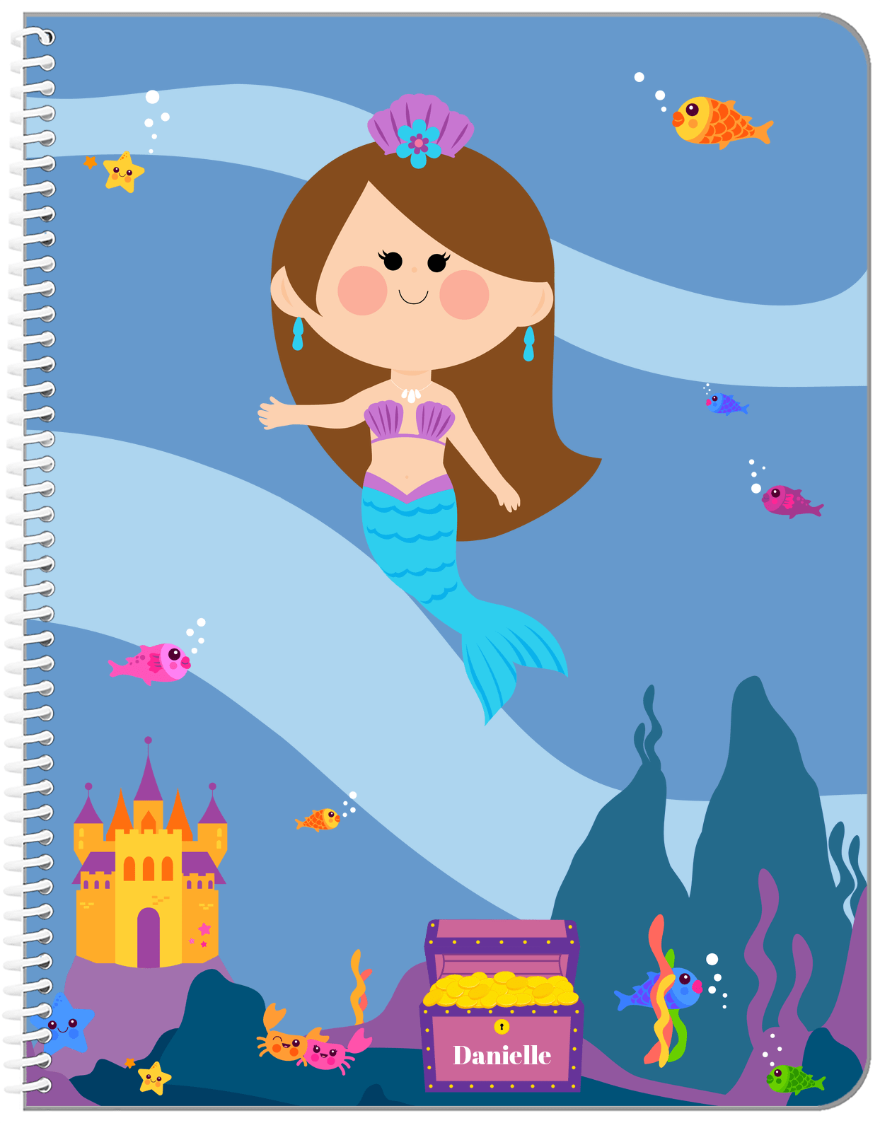 Personalized Mermaid Notebook V - Blue Background - Brunette Mermaid - Front View