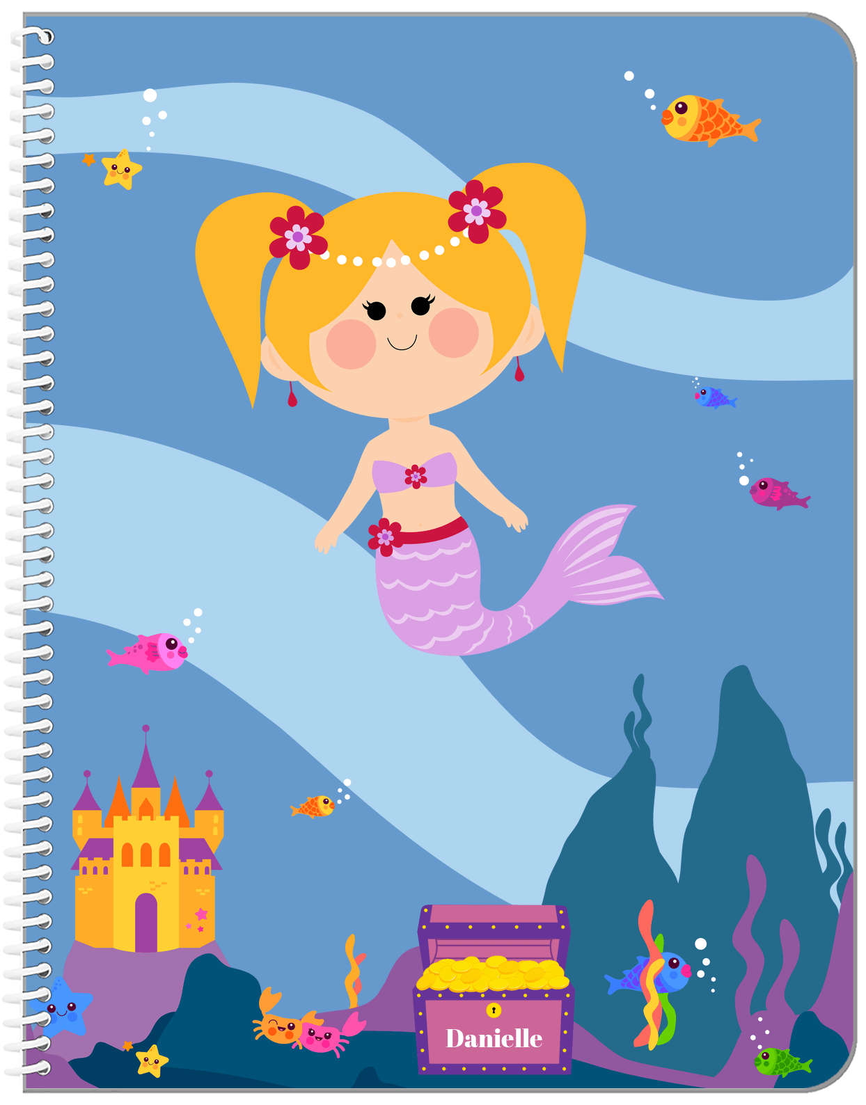 Personalized Mermaid Notebook V - Blue Background - Blonde Mermaid - Front View
