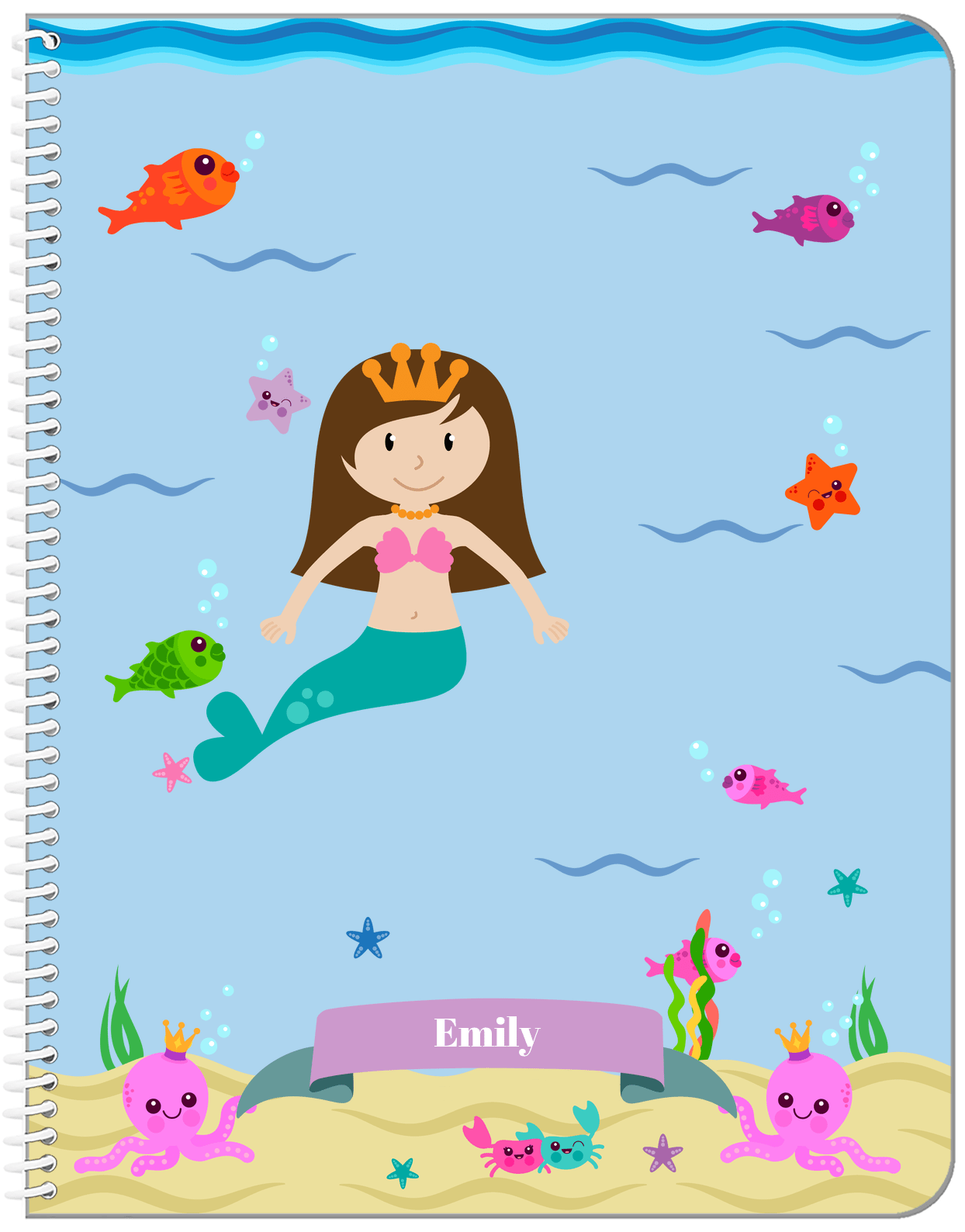 Personalized Mermaid Notebook VI - Blue Background - Brunette Mermaid - Front View