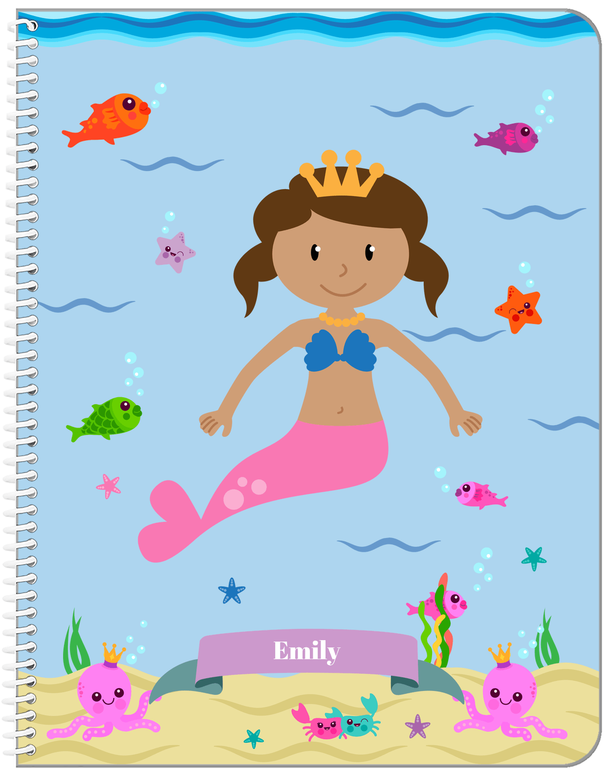 Personalized Mermaid Notebook VI - Blue Background - Black Mermaid I - Front View