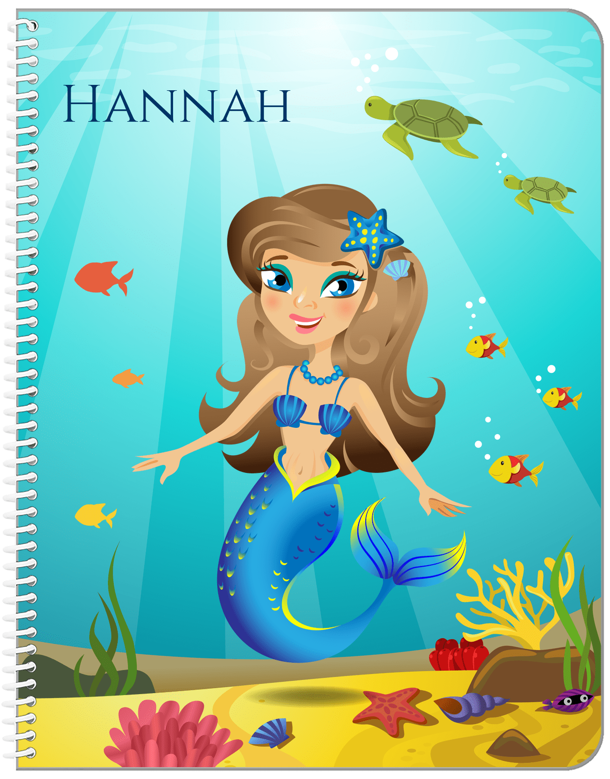 Personalized Mermaid Notebook VII - Blue Background - Brunette Mermaid - Front View