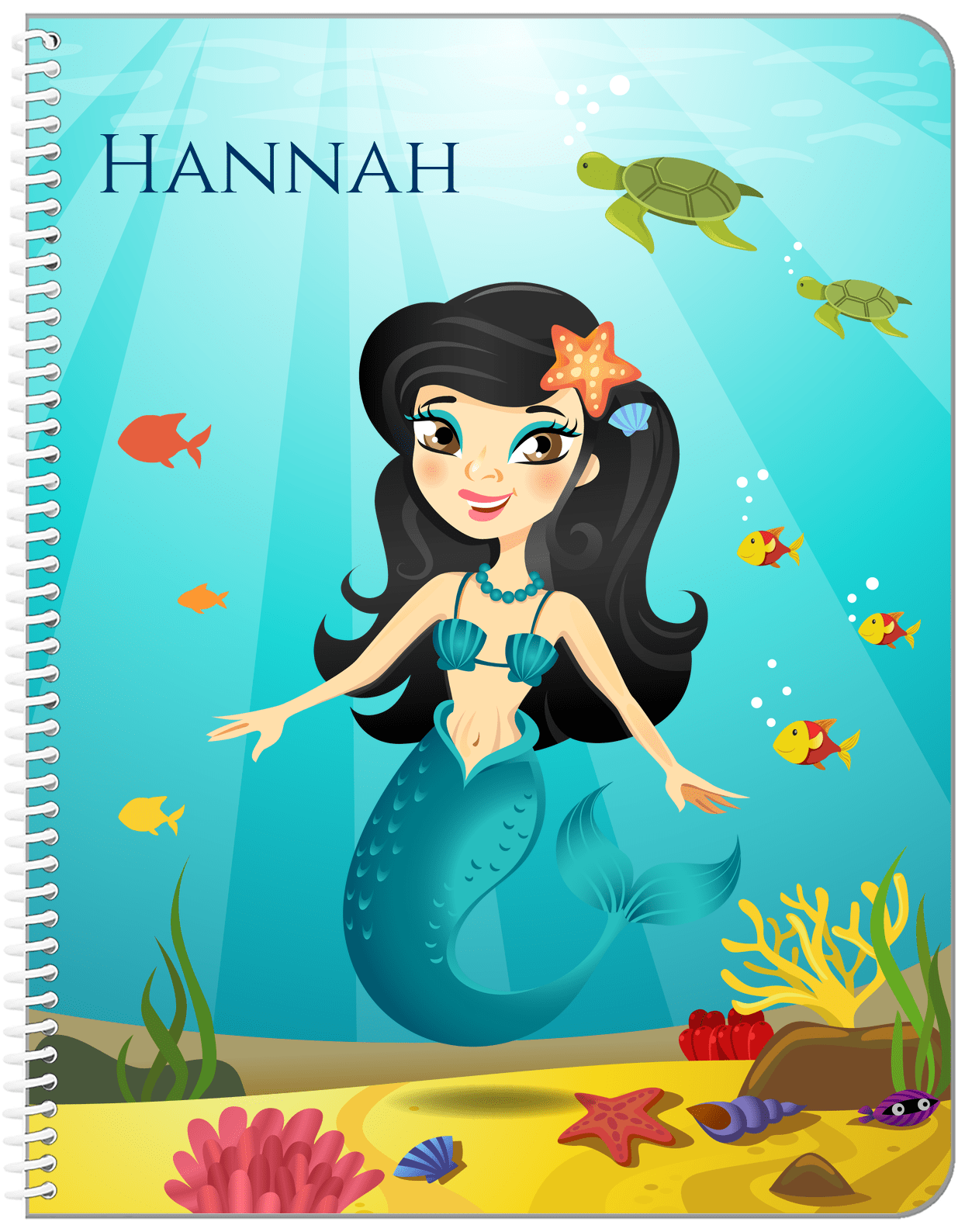 Personalized Mermaid Notebook VII - Blue Background - Black Hair Mermaid - Front View
