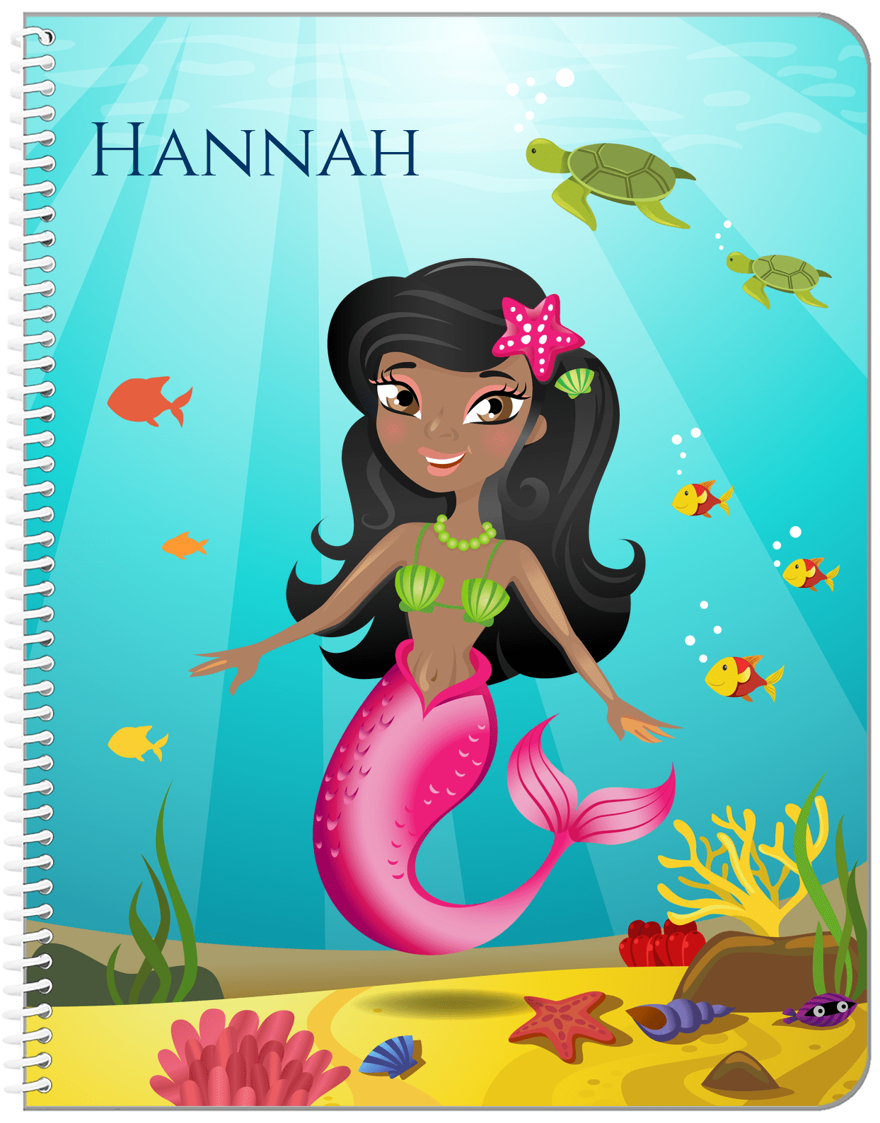Personalized Mermaid Notebook VII - Blue Background - Black Mermaid - Front View