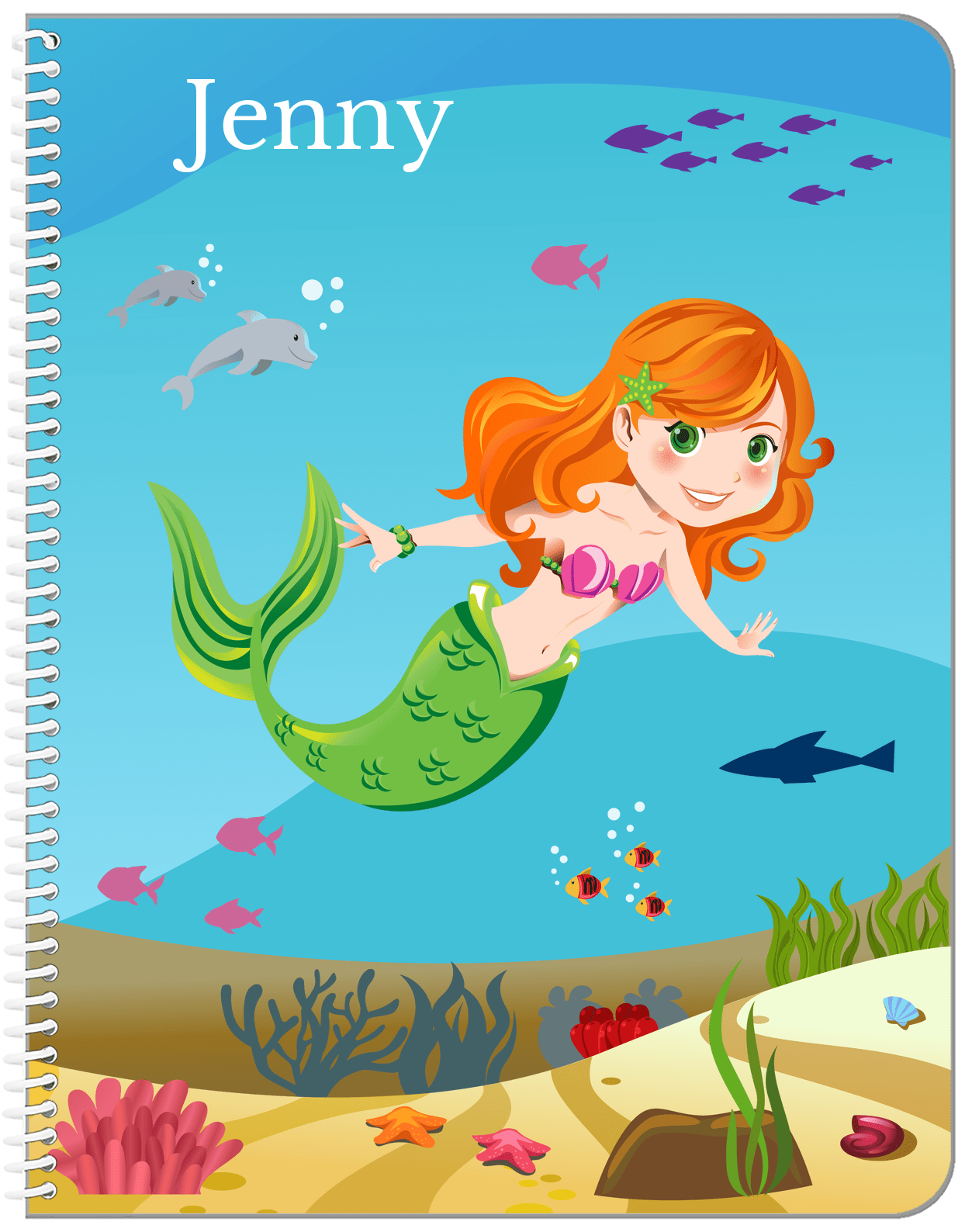 Personalized Mermaid Notebook VIII - Blue Background - Redhead Mermaid - Front View