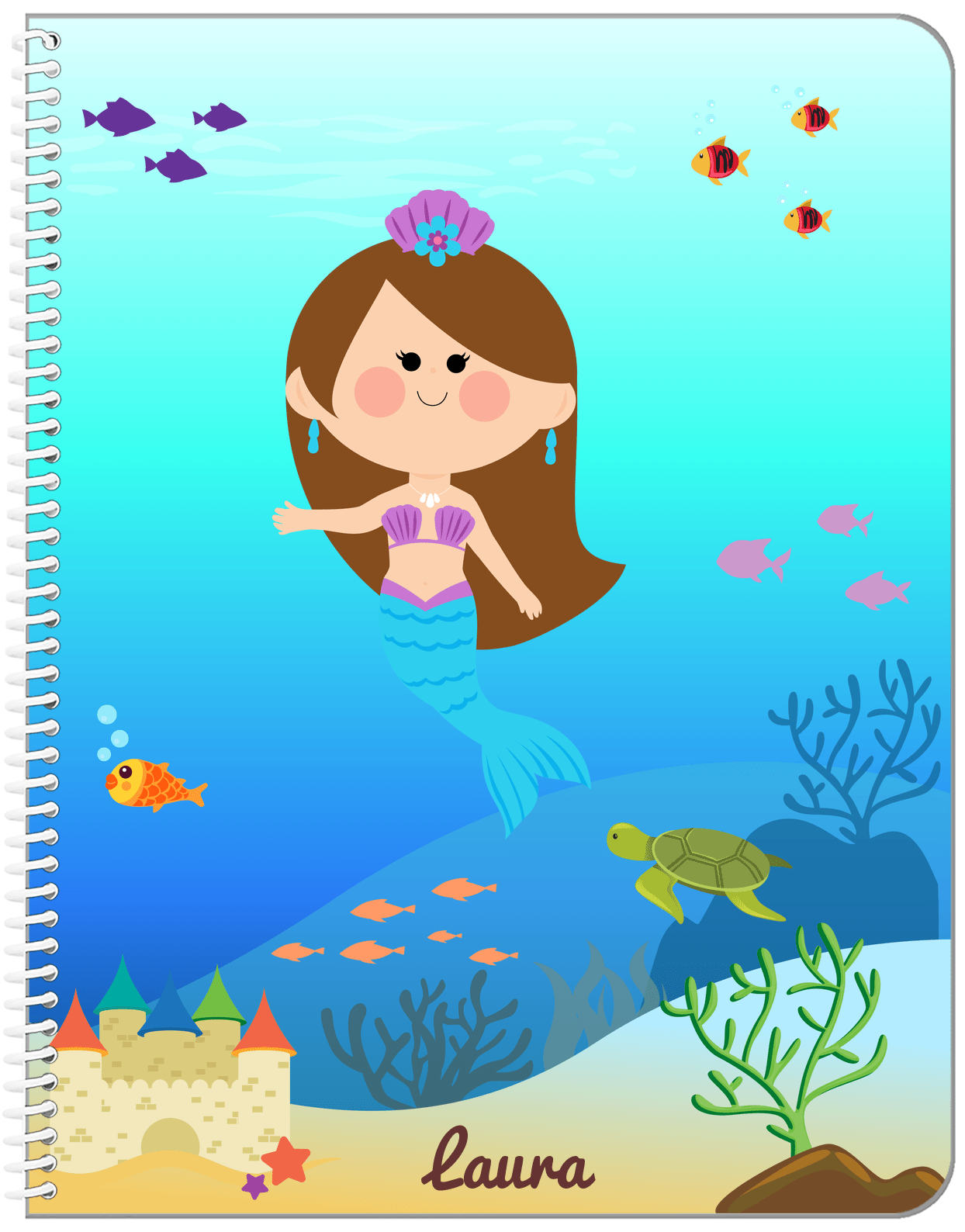 Personalized Mermaid Notebook IX - Blue Background - Brunette Mermaid - Front View