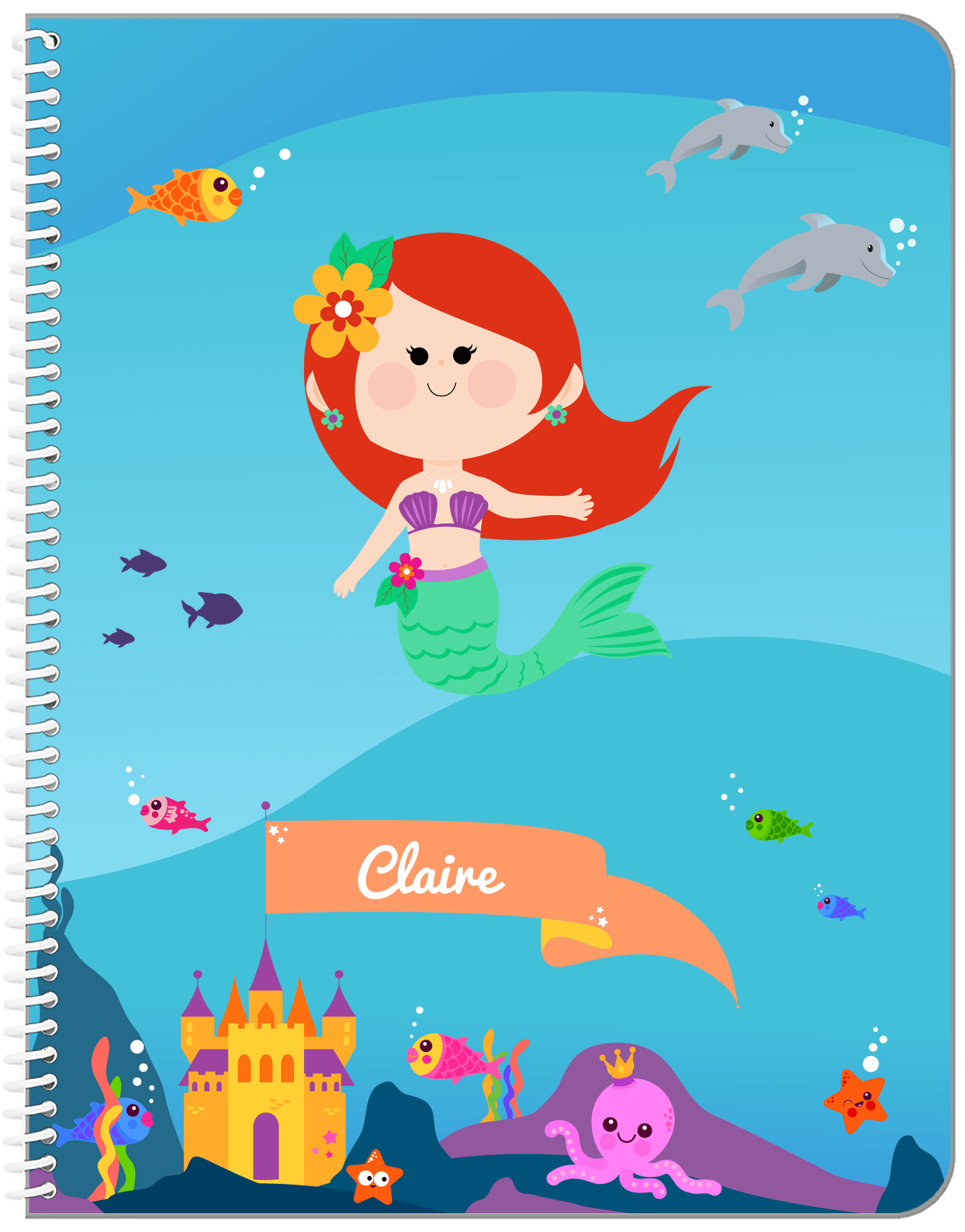 Personalized Mermaid Notebook X - Blue Background - Redhead Mermaid - Front View