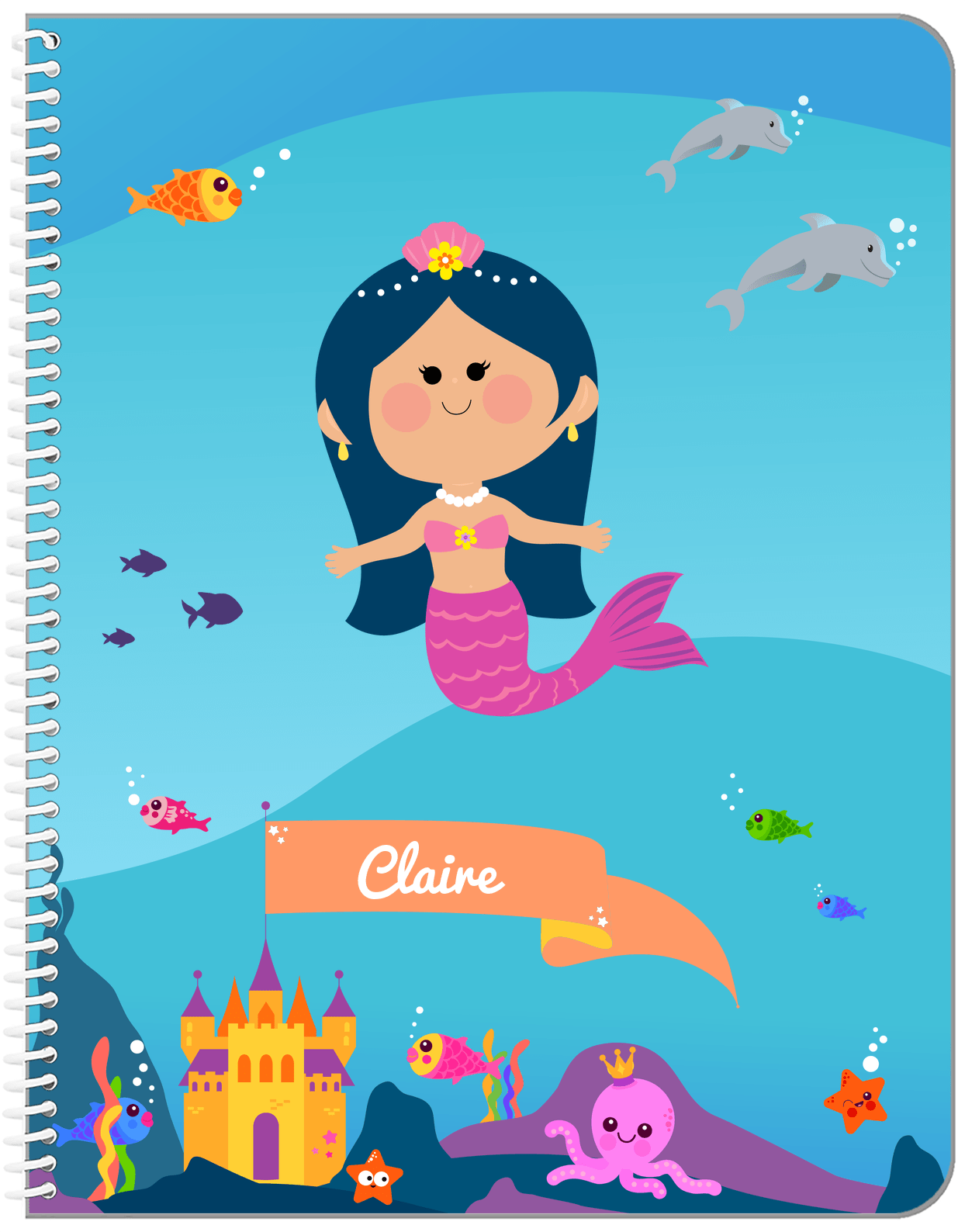 Personalized Mermaid Notebook X - Blue Background - Asian Mermaid - Front View