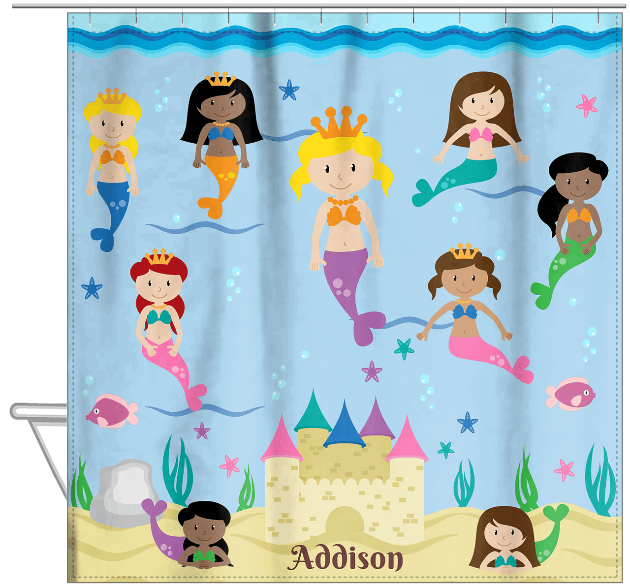 Personalized Mermaid Shower Curtain II - Blue Background - Blonde Mermaid - Hanging View