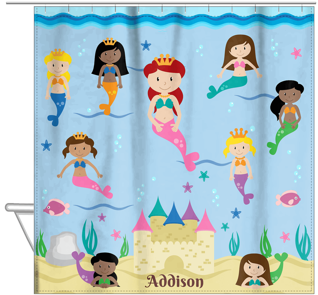 Personalized Mermaid Shower Curtain II - Blue Background - Redhead Mermaid - Hanging View