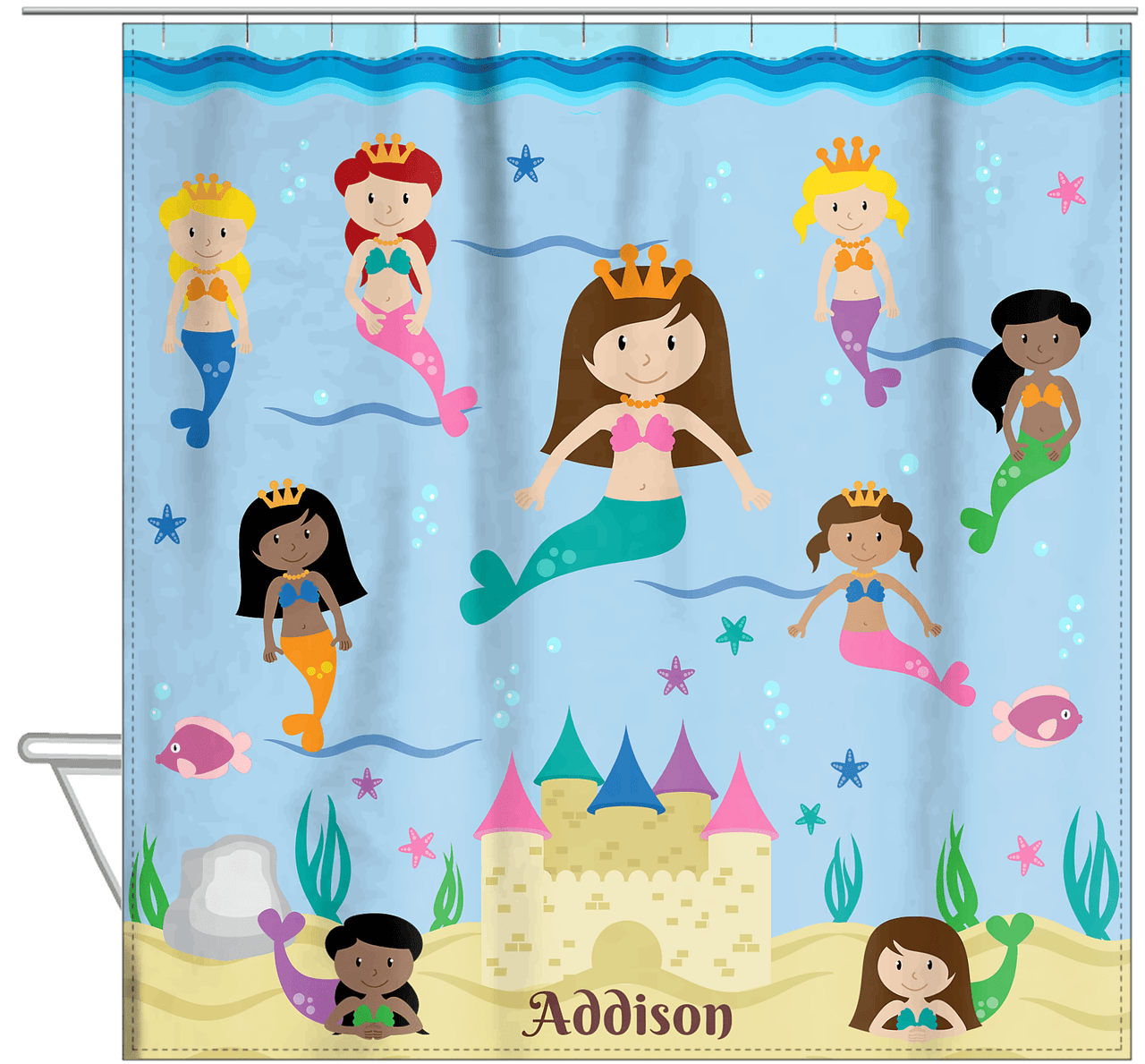 Personalized Mermaid Shower Curtain II - Blue Background - Brunette Mermaid - Hanging View