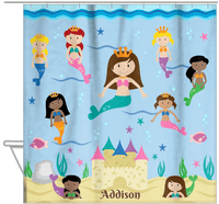 Thumbnail for Personalized Mermaid Shower Curtain II - Blue Background - Brunette Mermaid - Hanging View