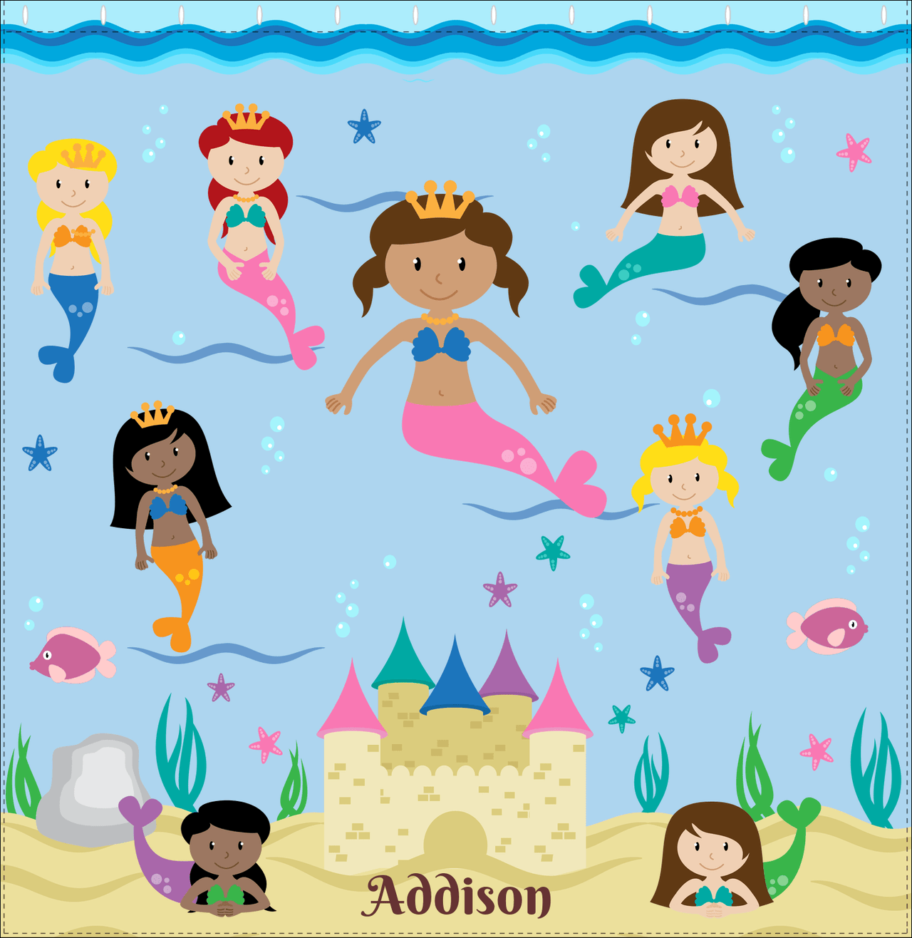 Personalized Mermaid Shower Curtain II - Blue Background - Light Brown Mermaid - Decorate View