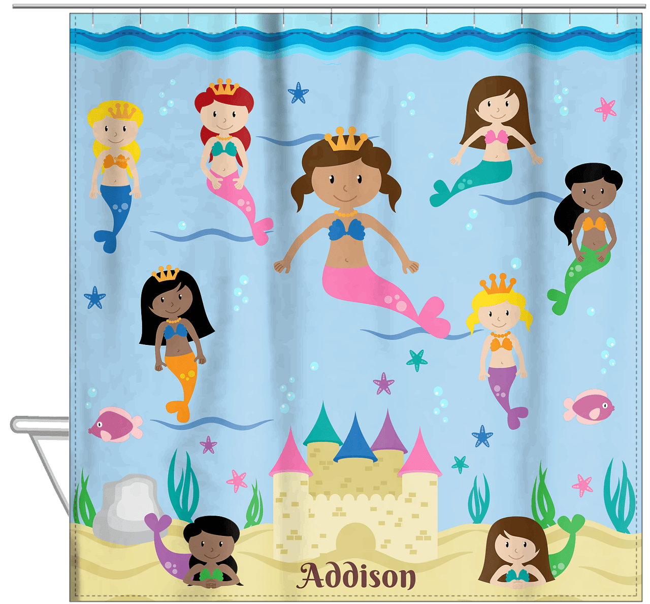 Personalized Mermaid Shower Curtain II - Blue Background - Light Brown Mermaid - Hanging View