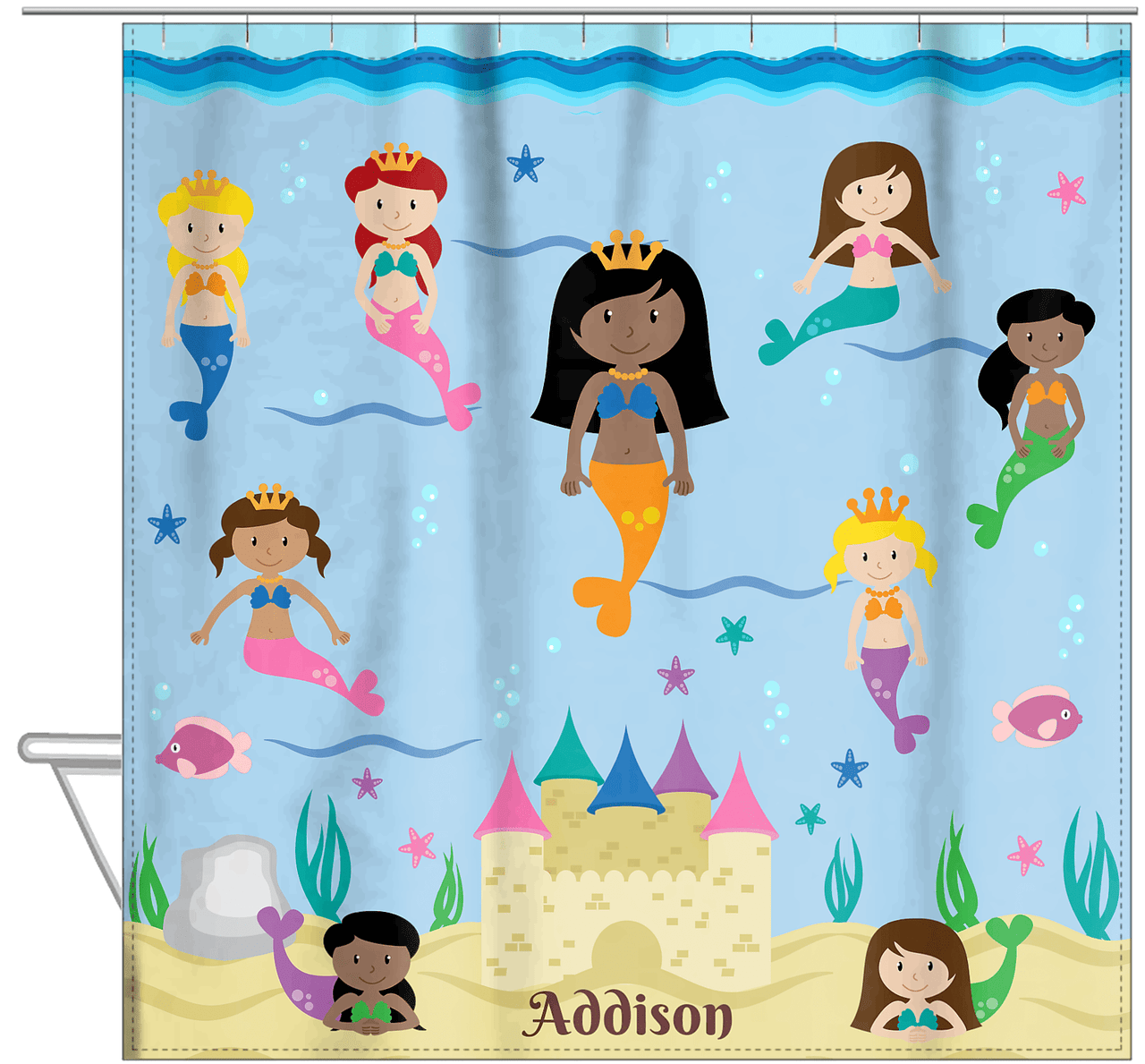 Personalized Mermaid Shower Curtain II - Blue Background - Black Mermaid - Hanging View