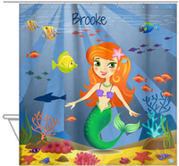 Thumbnail for Personalized Mermaid Shower Curtain III - Blue Background - Redhead Mermaid - Hanging View