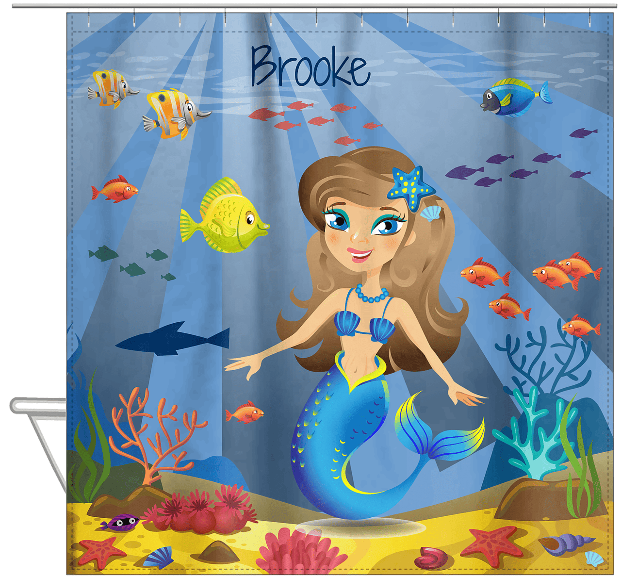Personalized Mermaid Shower Curtain III - Blue Background - Brunette Mermaid - Hanging View