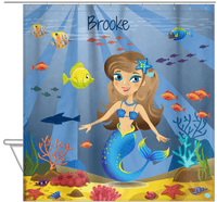 Thumbnail for Personalized Mermaid Shower Curtain III - Blue Background - Brunette Mermaid - Hanging View