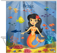 Thumbnail for Personalized Mermaid Shower Curtain III - Blue Background - Black Hair Mermaid - Hanging View