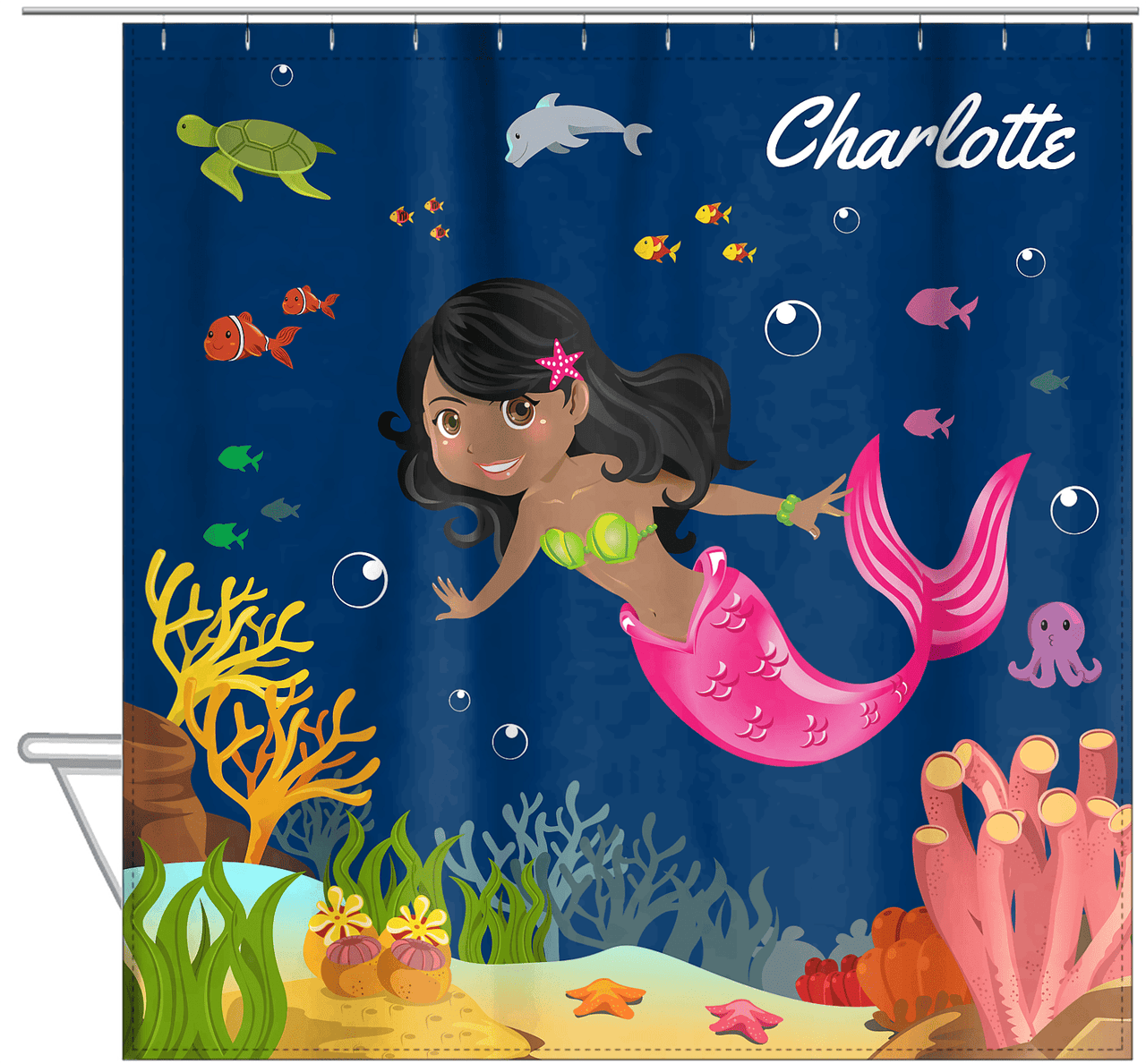 Personalized Mermaid Shower Curtain IV - Blue Background - Black Mermaid - Hanging View