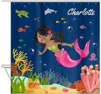 Thumbnail for Personalized Mermaid Shower Curtain IV - Blue Background - Black Mermaid - Hanging View