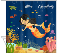 Thumbnail for Personalized Mermaid Shower Curtain IV - Blue Background - Black Hair Mermaid - Hanging View