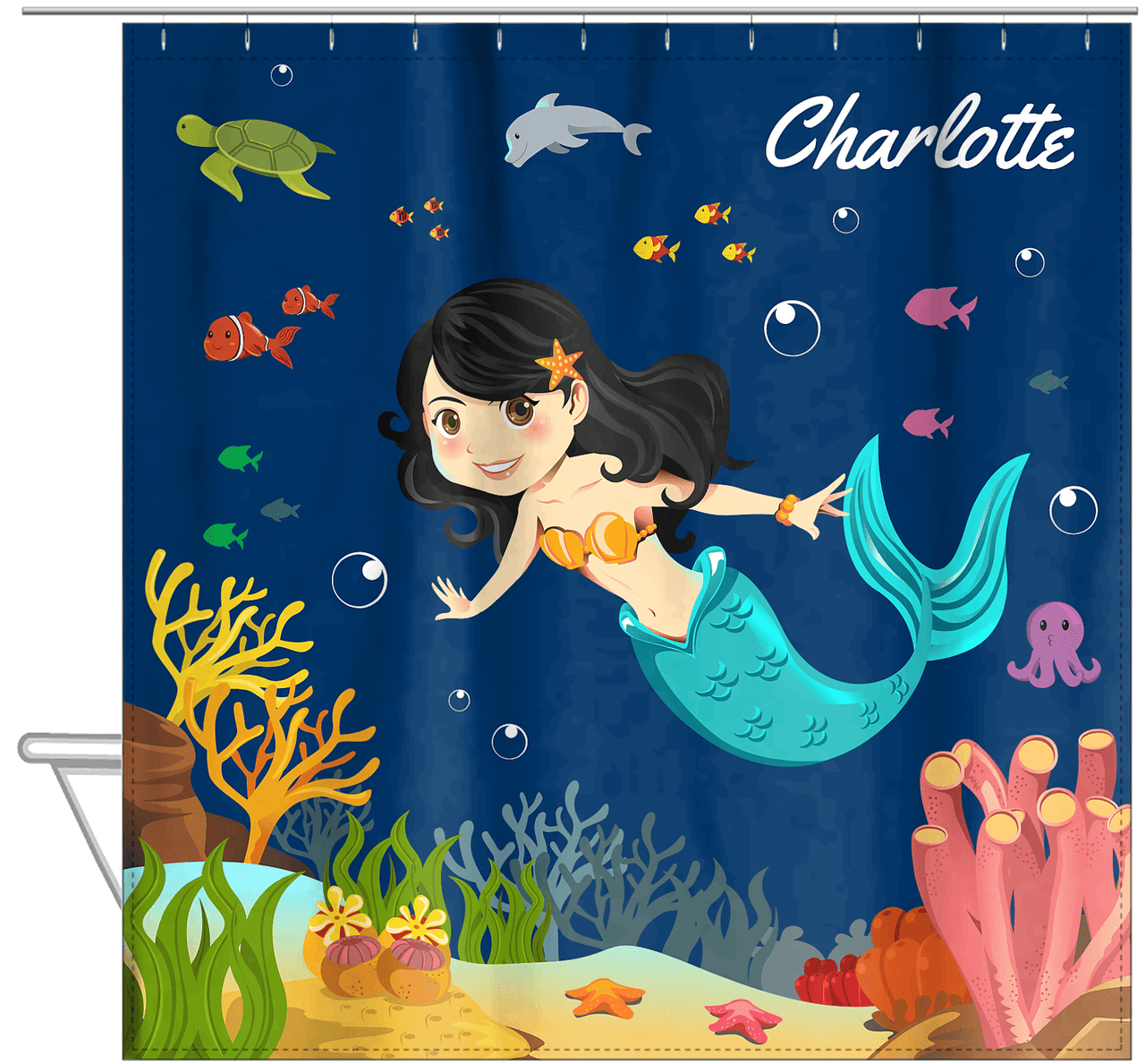 Personalized Mermaid Shower Curtain IV - Blue Background - Asian Mermaid - Hanging View
