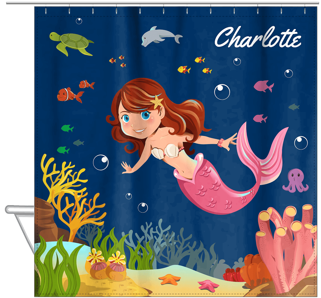 Personalized Mermaid Shower Curtain IV - Blue Background - Brunette Mermaid - Hanging View