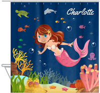 Thumbnail for Personalized Mermaid Shower Curtain IV - Blue Background - Brunette Mermaid - Hanging View