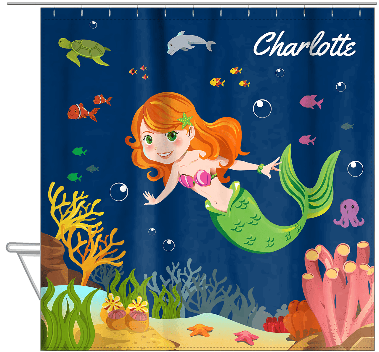 Personalized Mermaid Shower Curtain IV - Blue Background - Redhead Mermaid - Hanging View