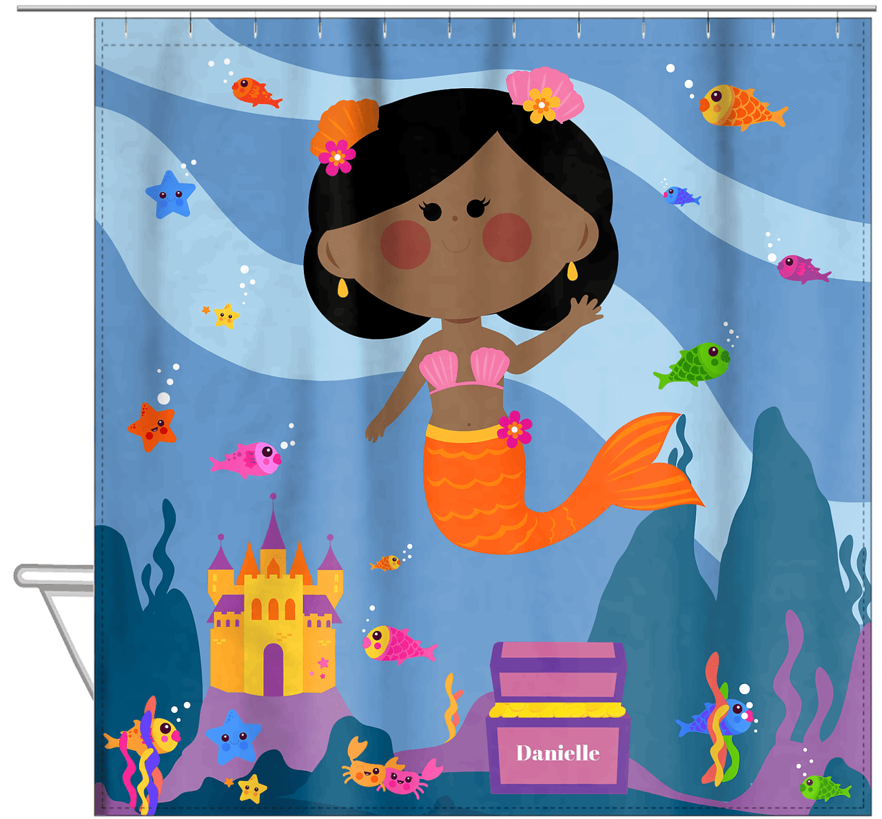 Personalized Mermaid Shower Curtain V - Blue Background - Black Mermaid - Hanging View