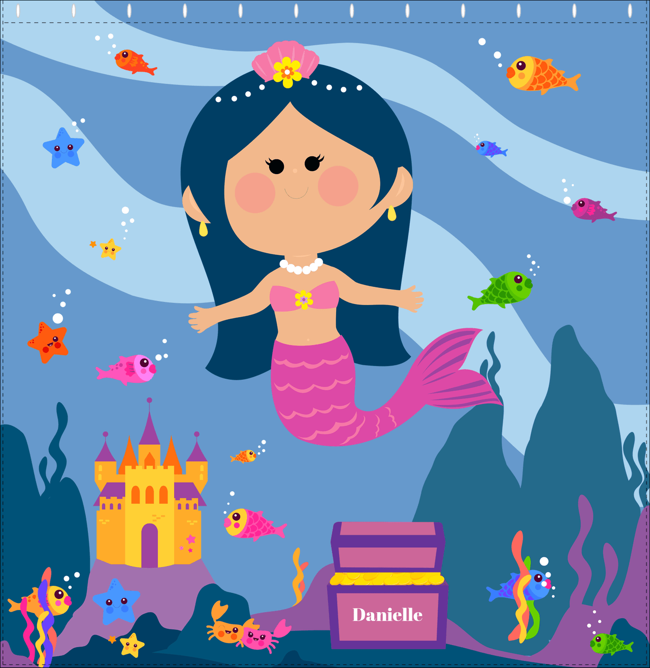 Personalized Mermaid Shower Curtain V - Blue Background - Black Hair Mermaid - Decorate View