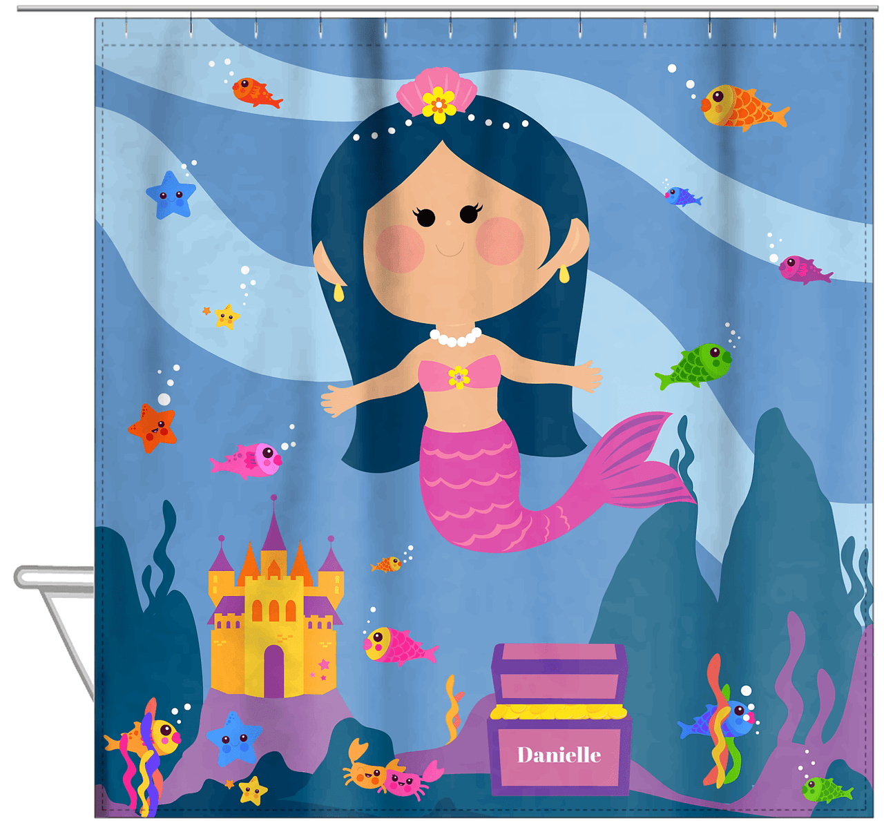 Personalized Mermaid Shower Curtain V - Blue Background - Black Hair Mermaid - Hanging View