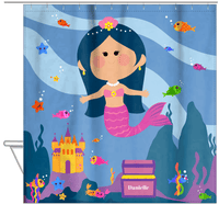 Thumbnail for Personalized Mermaid Shower Curtain V - Blue Background - Black Hair Mermaid - Hanging View