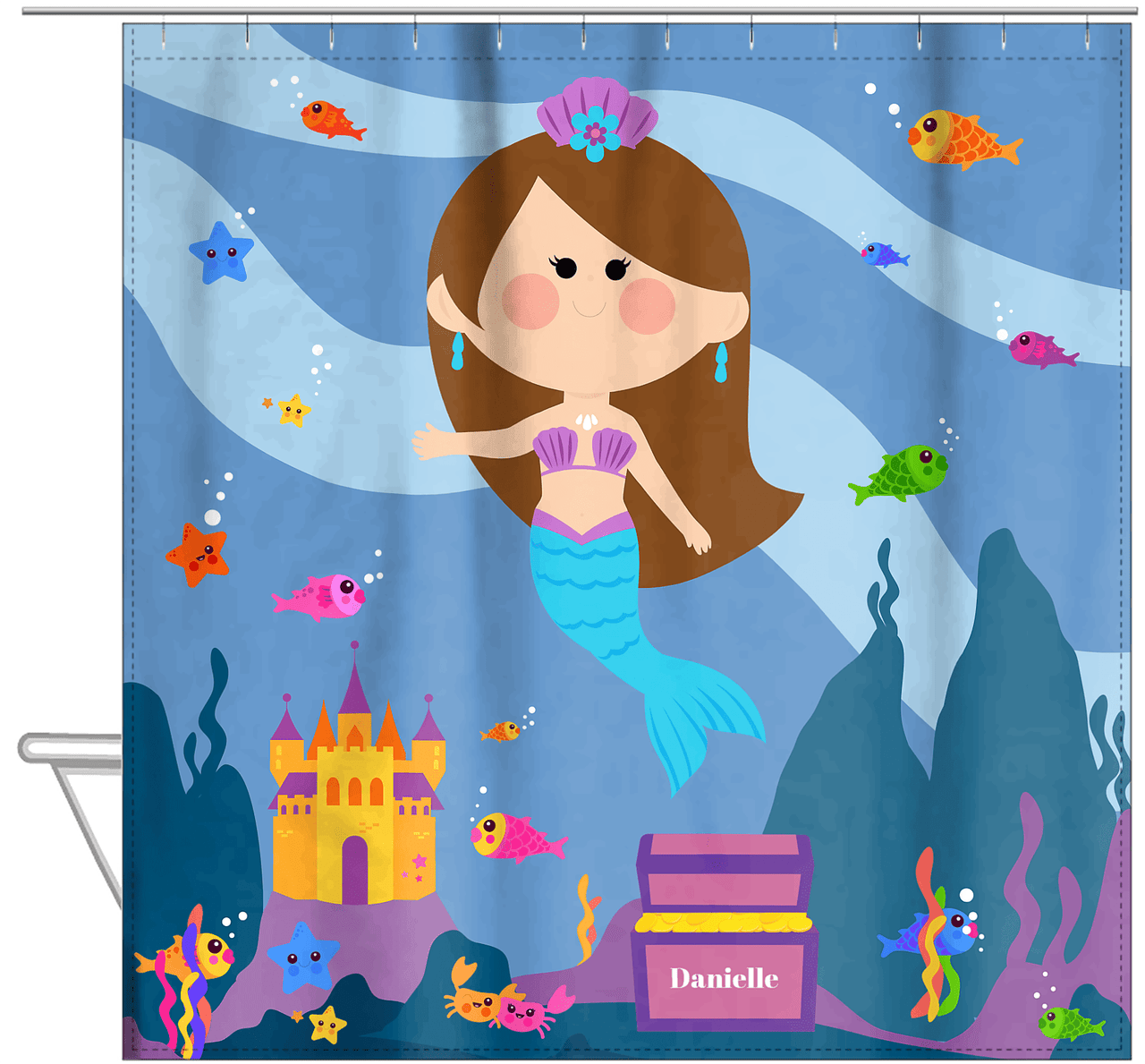Personalized Mermaid Shower Curtain V - Blue Background - Brunette Mermaid - Hanging View