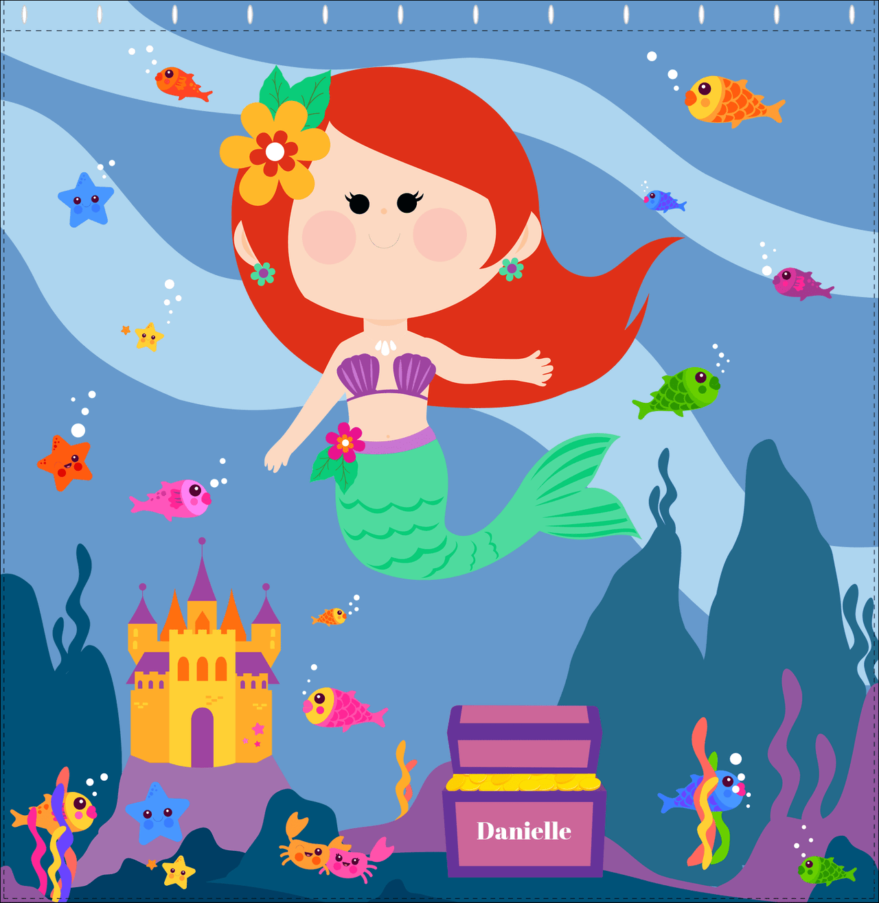 Personalized Mermaid Shower Curtain V - Blue Background - Redhead Mermaid - Decorate View