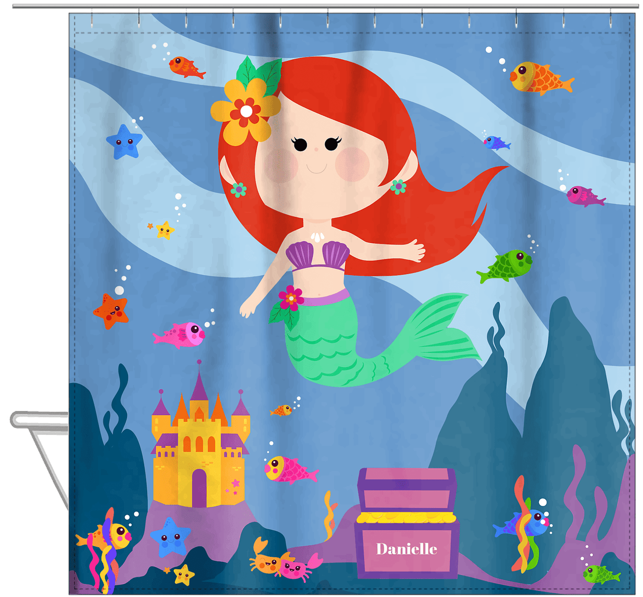 Personalized Mermaid Shower Curtain V - Blue Background - Redhead Mermaid - Hanging View