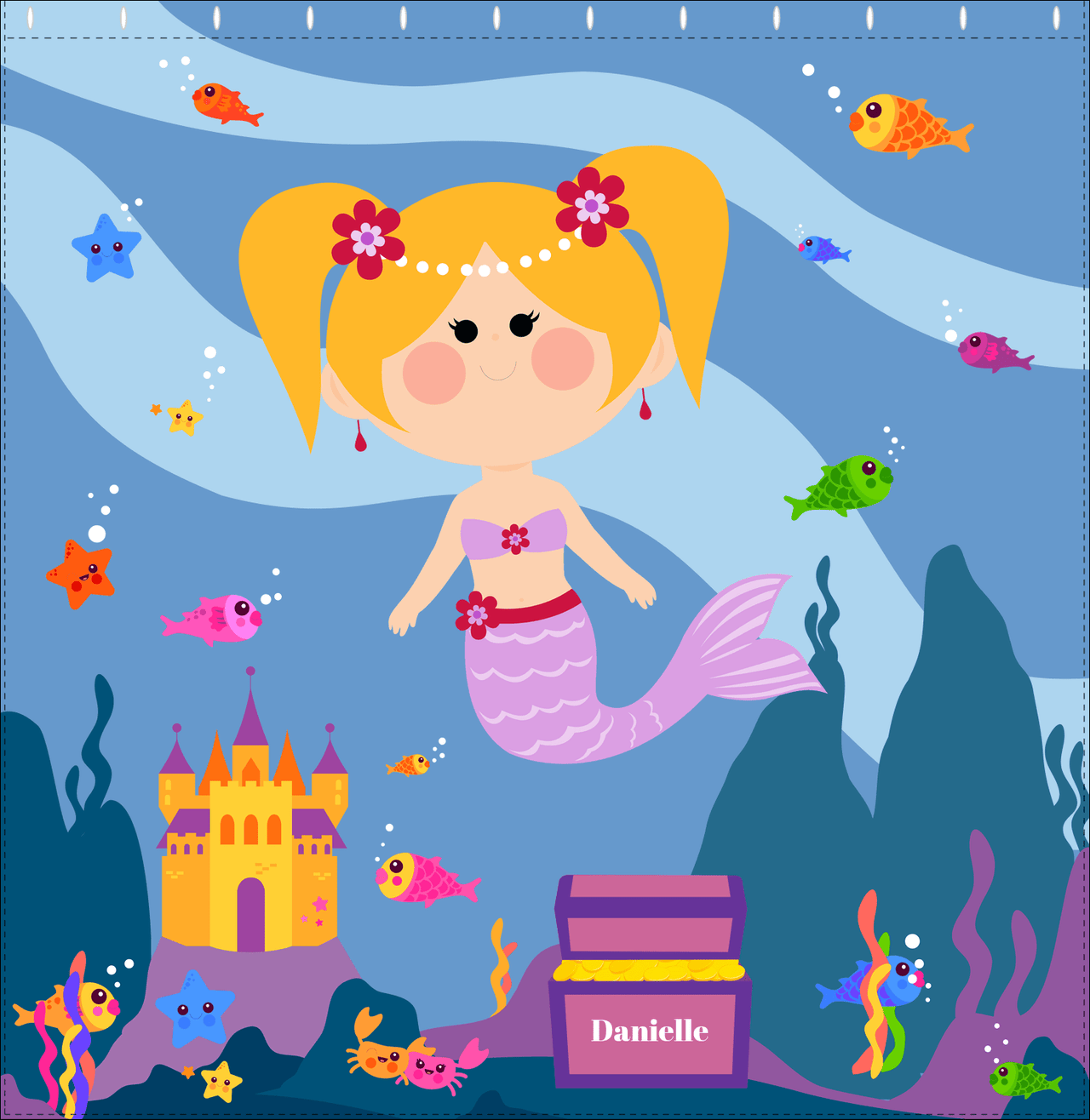 Personalized Mermaid Shower Curtain V - Blue Background - Blonde Mermaid - Decorate View