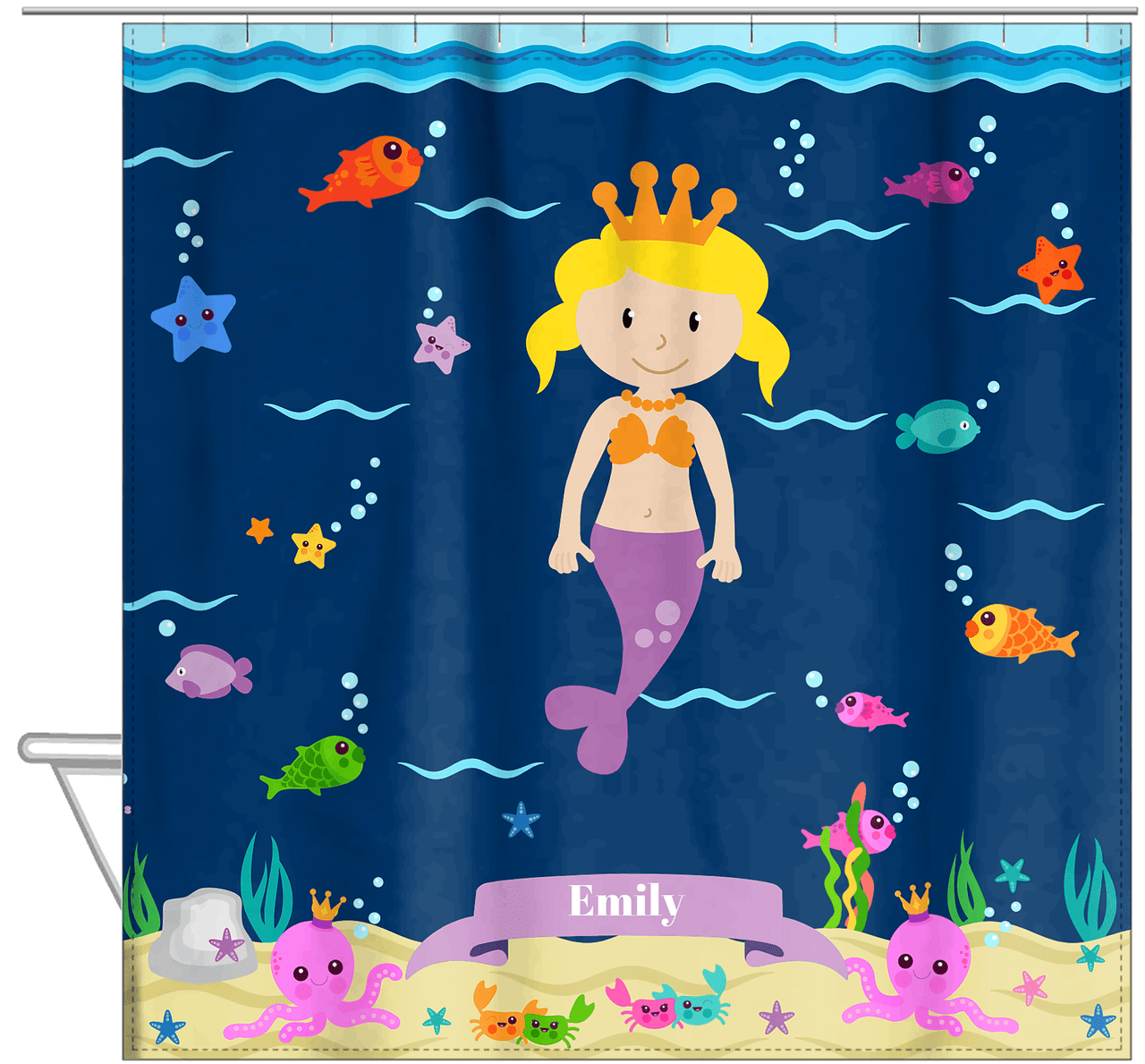 Personalized Mermaid Shower Curtain VI - Blue Background - Blonde Mermaid - Hanging View