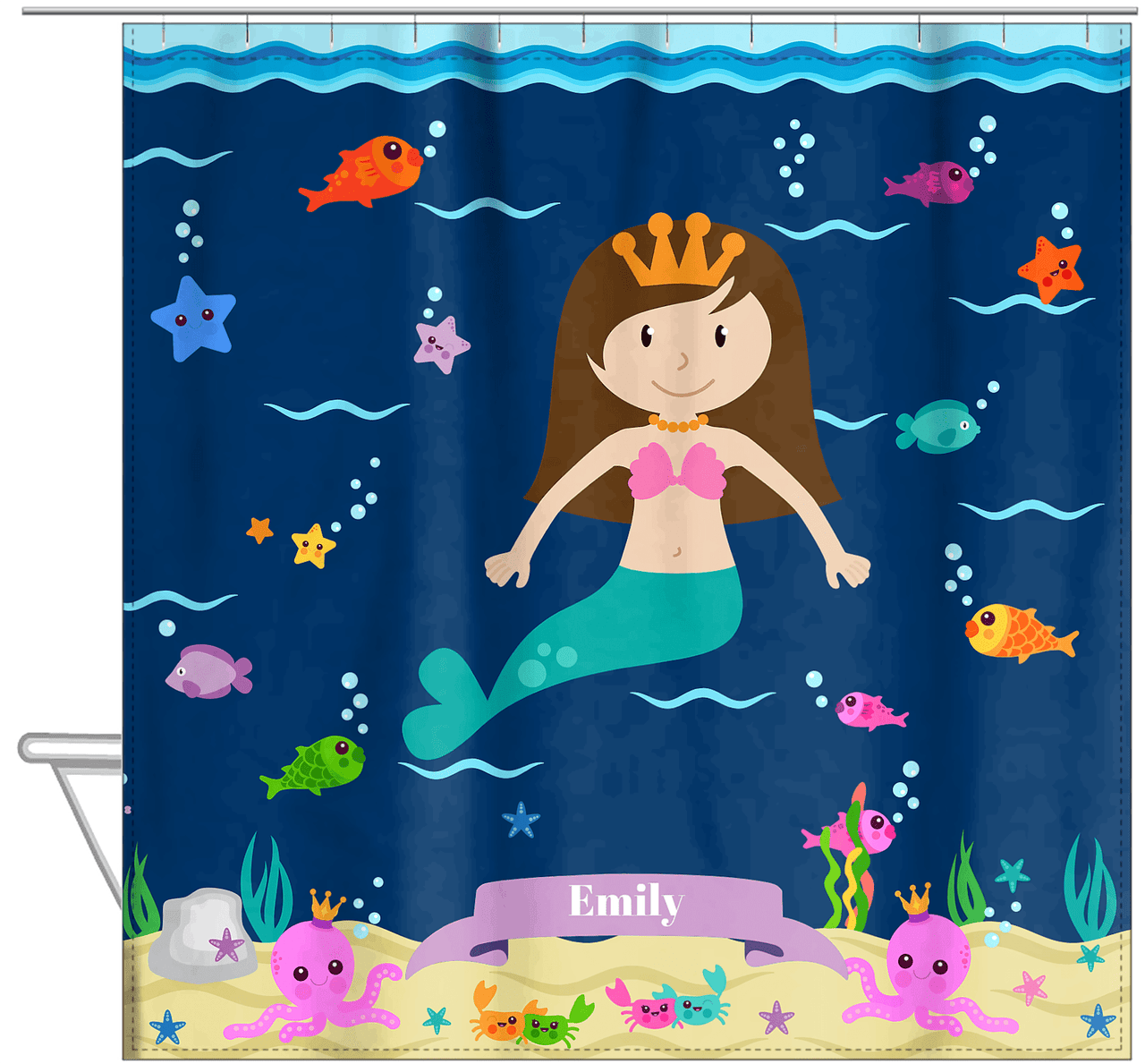 Personalized Mermaid Shower Curtain VI - Blue Background - Brunette Mermaid - Hanging View