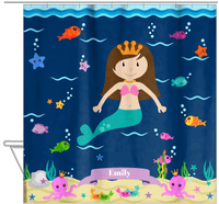 Thumbnail for Personalized Mermaid Shower Curtain VI - Blue Background - Brunette Mermaid - Hanging View